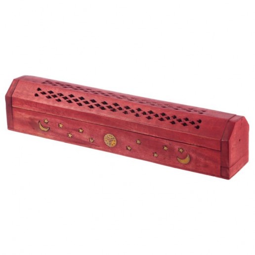 Drewniane pudełko na kadzidła ze zdobieniami - Czerwone